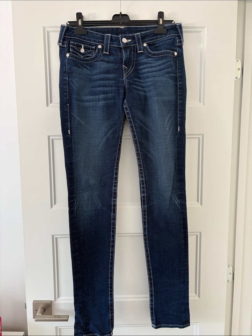 True Religion Dark Blue Skinny Stretch Jeans with Swarovski Crystal Buttons